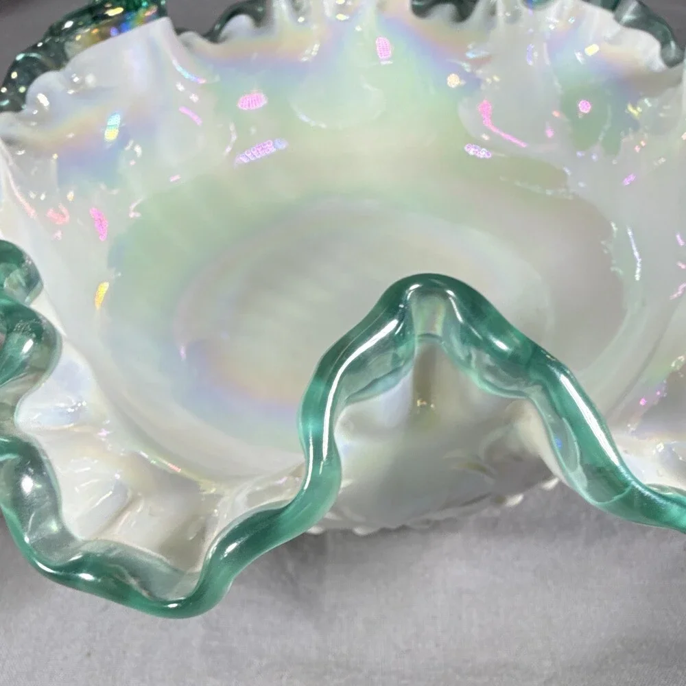Fenton Teal Crest Spanish Lace Iridized Milk Glass Basket 1990s C3538 TC MINT